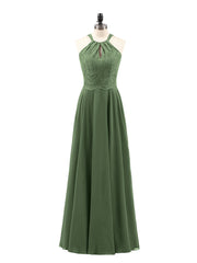 Lace and Chiffon Halter Dress with Open Back-Olive Green