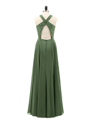 Lace and Chiffon Halter Dress with Open Back-Olive Green Plus Size
