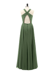 Lace and Chiffon Halter Dress with Open Back-Olive Green