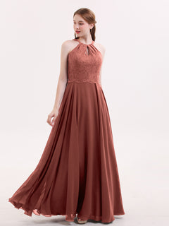 Lace and Chiffon Halter Dress with Open Back-Terracotta