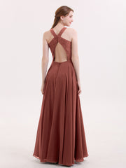Lace and Chiffon Halter Dress with Open Back-Terracotta