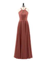 Lace and Chiffon Halter Dress with Open Back-Terracotta Plus Size