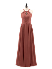 Lace and Chiffon Halter Dress with Open Back-Terracotta