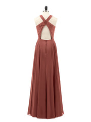 Lace and Chiffon Halter Dress with Open Back-Terracotta