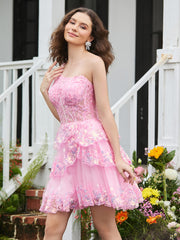 A-line One Shoulder Tiered Tulle Mini Homecoming Dress Blushing Pink