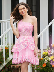 A-line One Shoulder Tiered Tulle Mini Homecoming Dress Blushing Pink