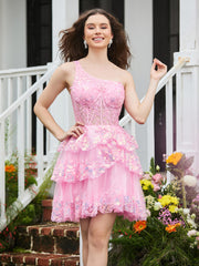 A-line One Shoulder Tiered Tulle Mini Homecoming Dress Blushing Pink