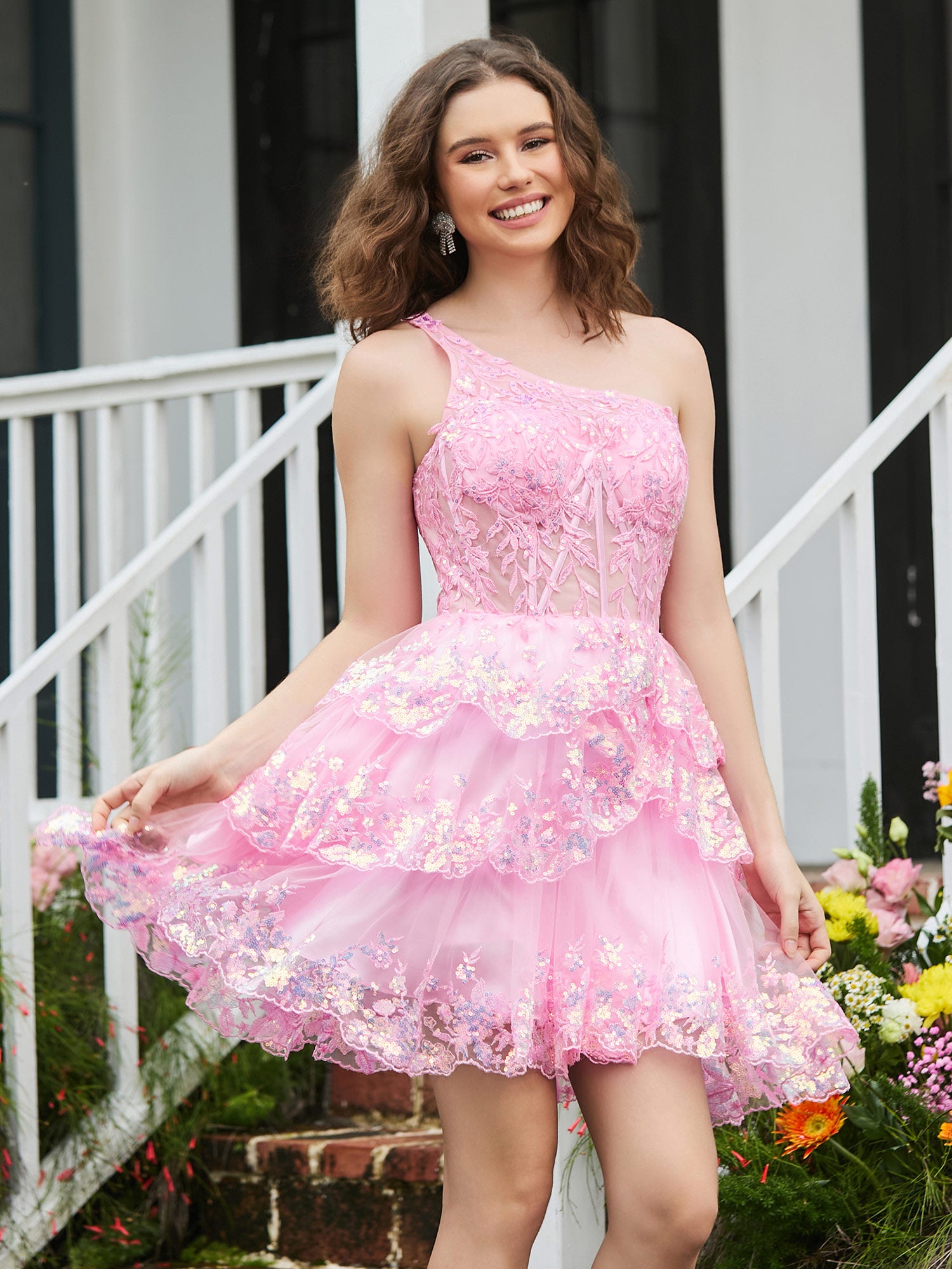 Floral Spaghetti Straps Lace A-line Mini HOCO Dress Coral – BABARONI