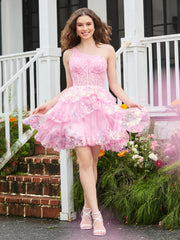 A-line One Shoulder Tiered Tulle Mini Homecoming Dress Blushing Pink