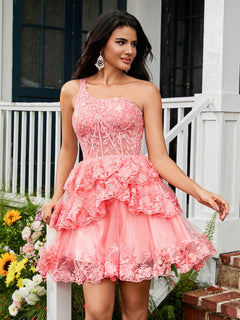 A-line One Shoulder Tiered Tulle Mini Homecoming Dress Coral