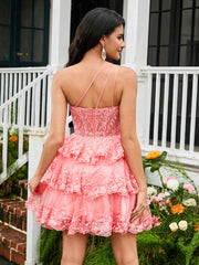 A-line One Shoulder Tiered Tulle Mini Homecoming Dress Coral