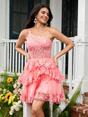 A-line One Shoulder Tiered Tulle Mini Homecoming Dress Coral