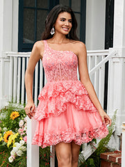A-line One Shoulder Tiered Tulle Mini Homecoming Dress Coral