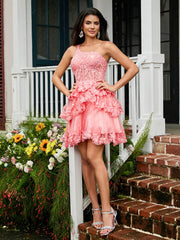A-line One Shoulder Tiered Tulle Mini Homecoming Dress Coral