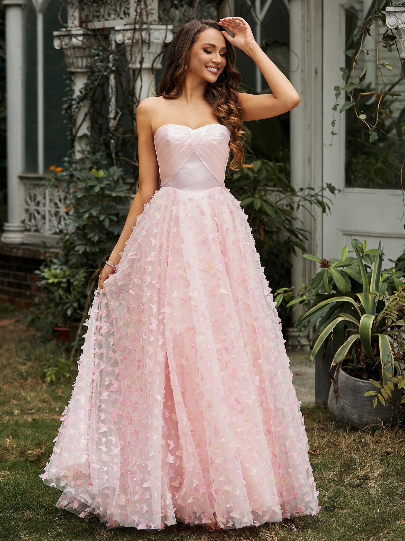 BABARONI Lace Pink Prom Dresses A-line Sweetheart Appliqued Ruched Pleated Sweep/Brush Train, Pink / US0