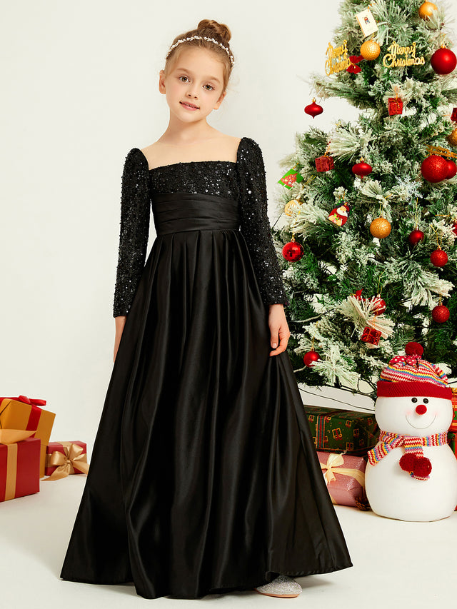 Square Neck Sequines Beaded A-line Long Girl Dress Black – BABARONI