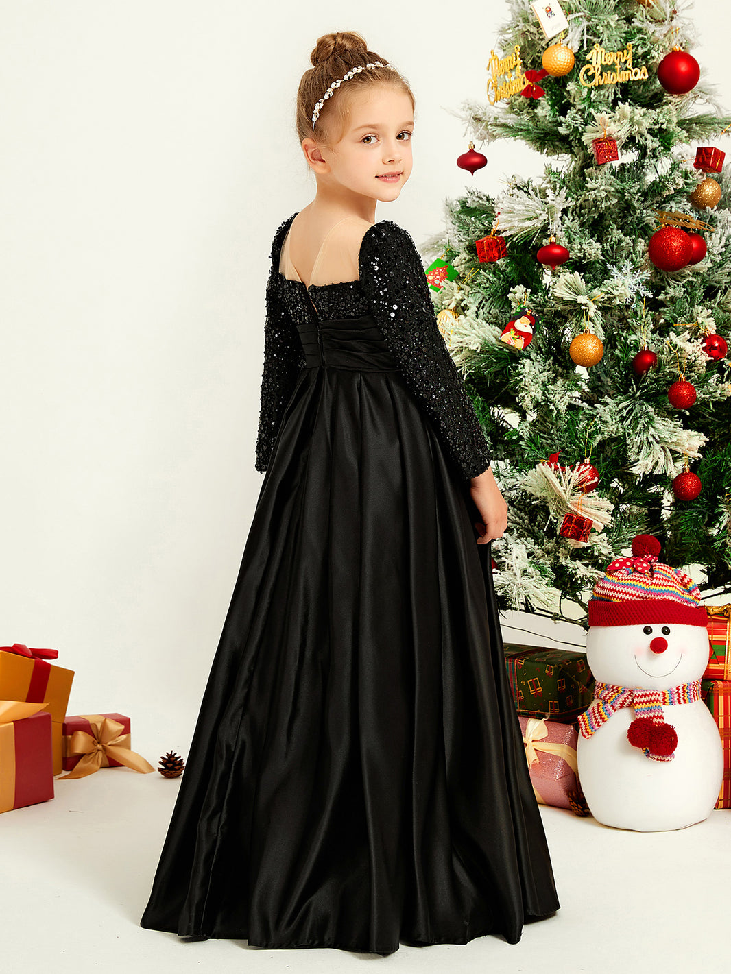 Square Neck Sequines Beaded A-line Long Girl Dress Black – BABARONI