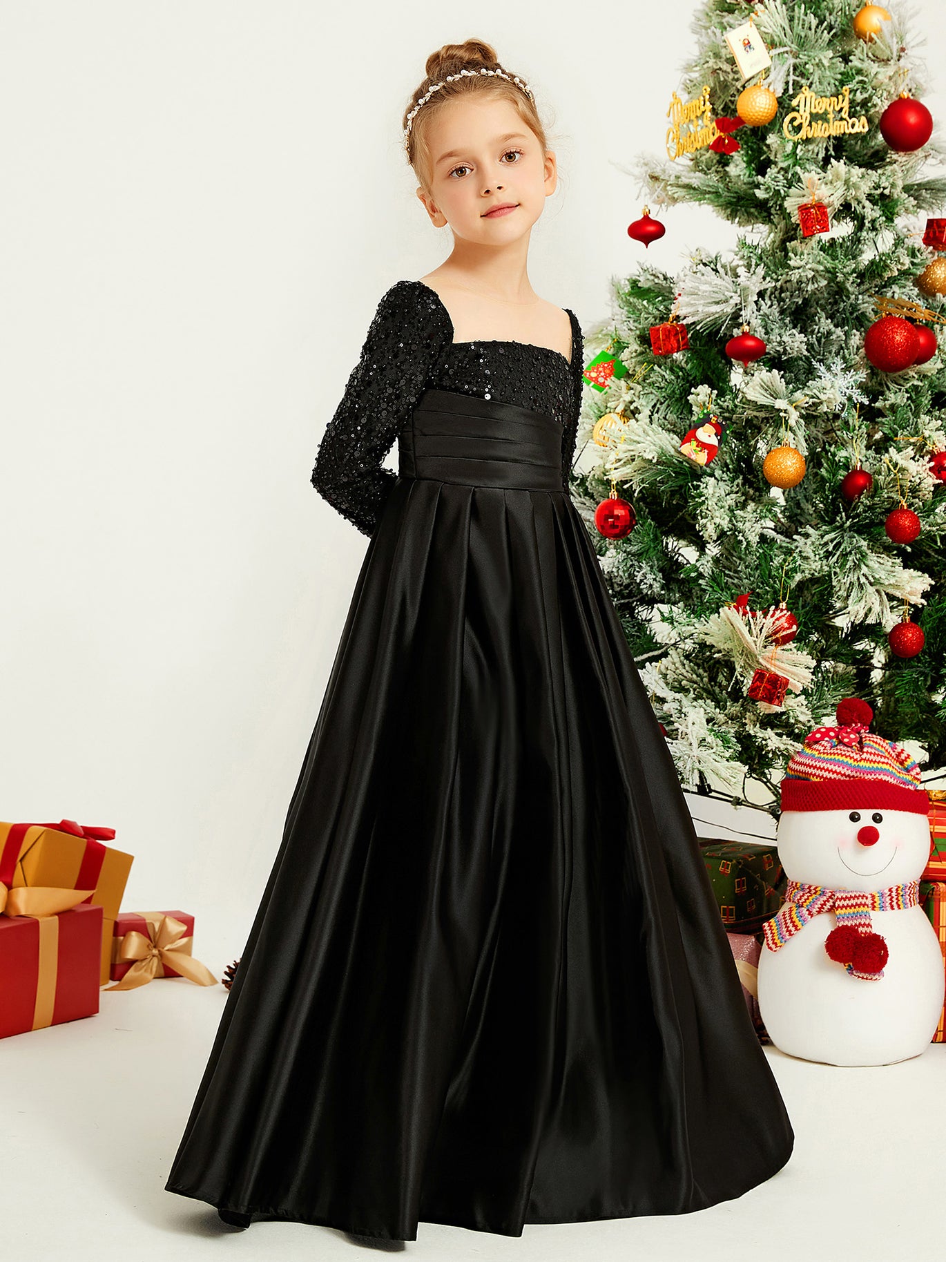 Sequines Beaded Long Sleeve A-line Long Girl Dress Dark Navy