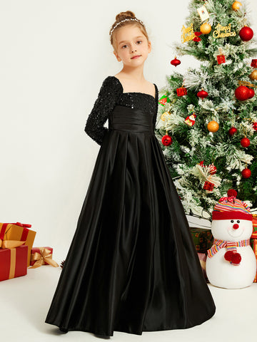 Sequines Beaded Long Sleeve A-line Long Girl Dress Dusty Blue