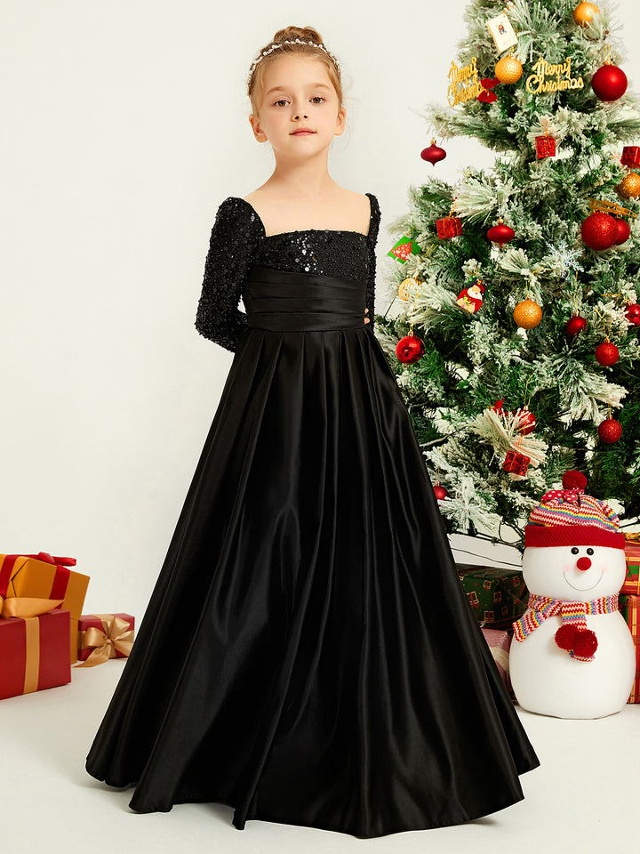 Sequines Beaded Long Sleeve A-line Long Girl Dress Fuchsia