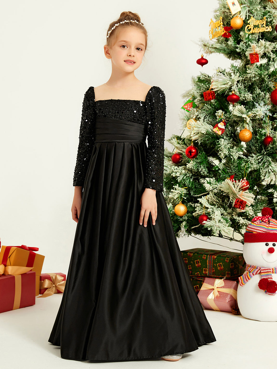 Sequines Beaded Long Sleeve A-line Long Girl Dress Orchid