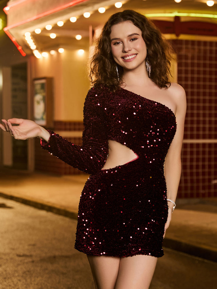 Magenta One Shoulder Cut-Out Sequins Homecoming Dress