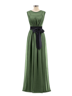 FAUX-Wrap Chiffon Dress with Black Waistband-Olive Green