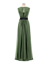 FAUX-Wrap Chiffon Dress with Black Waistband-Olive Green