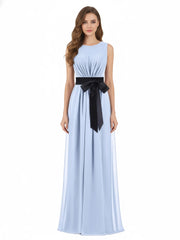 FAUX-Wrap Chiffon Dress with Black Waistband-Sky Blue