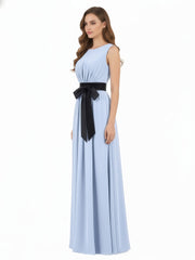 FAUX-Wrap Chiffon Dress with Black Waistband-Sky Blue