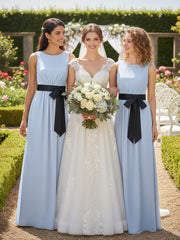 FAUX-Wrap Chiffon Dress with Black Waistband-Sky Blue