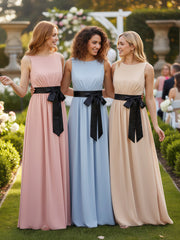FAUX-Wrap Chiffon Dress with Black Waistband-Sky Blue