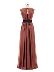FAUX-Wrap Chiffon Dress with Black Waistband-Terracotta