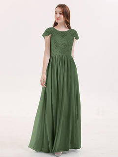 Long Bridesmaid Dresses with Cap Sleeves Olive Green