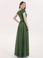 Long Bridesmaid Dresses with Cap Sleeves Olive Green
