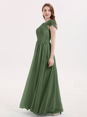 Long Bridesmaid Dresses with Cap Sleeves Olive Green