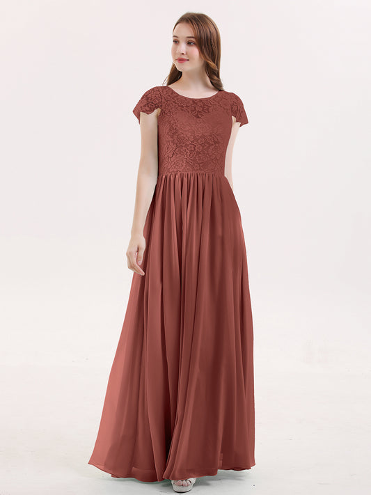 Long Bridesmaid Dresses with Cap Sleeves Terracotta