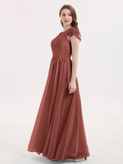 Long Bridesmaid Dresses with Cap Sleeves Terracotta