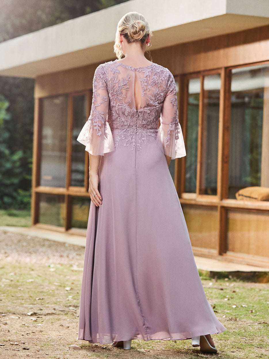 Pleated V-neck 3/4 Sleeves Applique Chiffon Dress Taupe