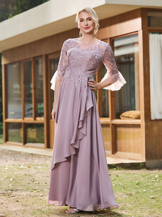 Half Sleeve IllusionTea-length Chiffon Dress Peach