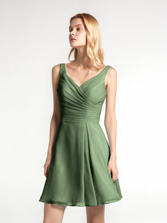 V Neck Chiffon Short Dress for Bridesmaids Olive Green