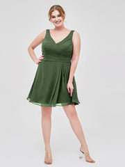 V Neck Chiffon Short Dress for Bridesmaids Olive Green Plus Size