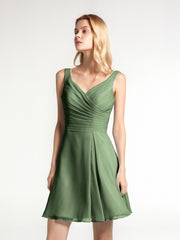 V Neck Chiffon Short Dress for Bridesmaids Olive Green