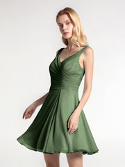 V Neck Chiffon Short Dress for Bridesmaids Olive Green