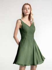 V Neck Chiffon Short Dress for Bridesmaids Olive Green