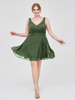 V Neck Chiffon Short Dress for Bridesmaids Olive Green Plus Size