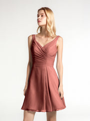 V Neck Chiffon Short Dress for Bridesmaids Terracotta