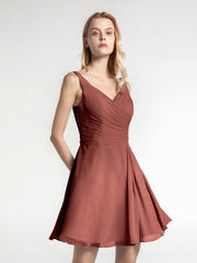 V Neck Chiffon Short Dress for Bridesmaids Terracotta