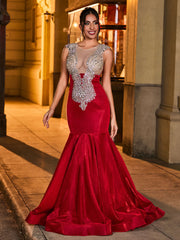 Glittering Rhinestone-Embellished Mermaid Prom Dress Burgundy