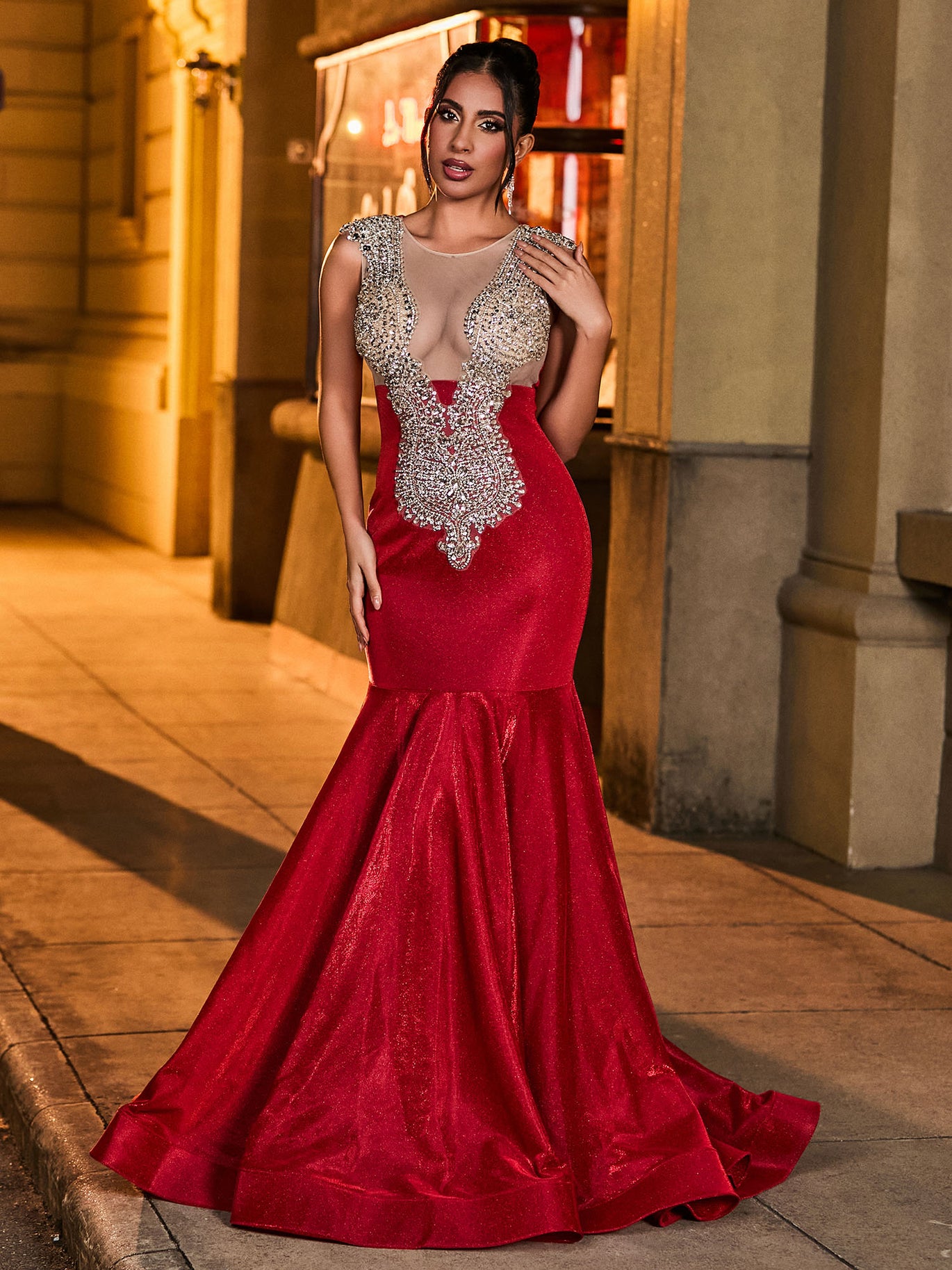 BABARONI 2025 Glittering Rhinestone-Embellished Mermaid Prom Dress Burgundy